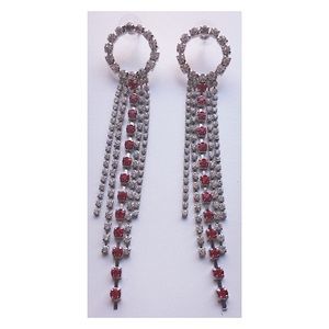 Earrings Long Drop Red Clear Crystals Silver Tone